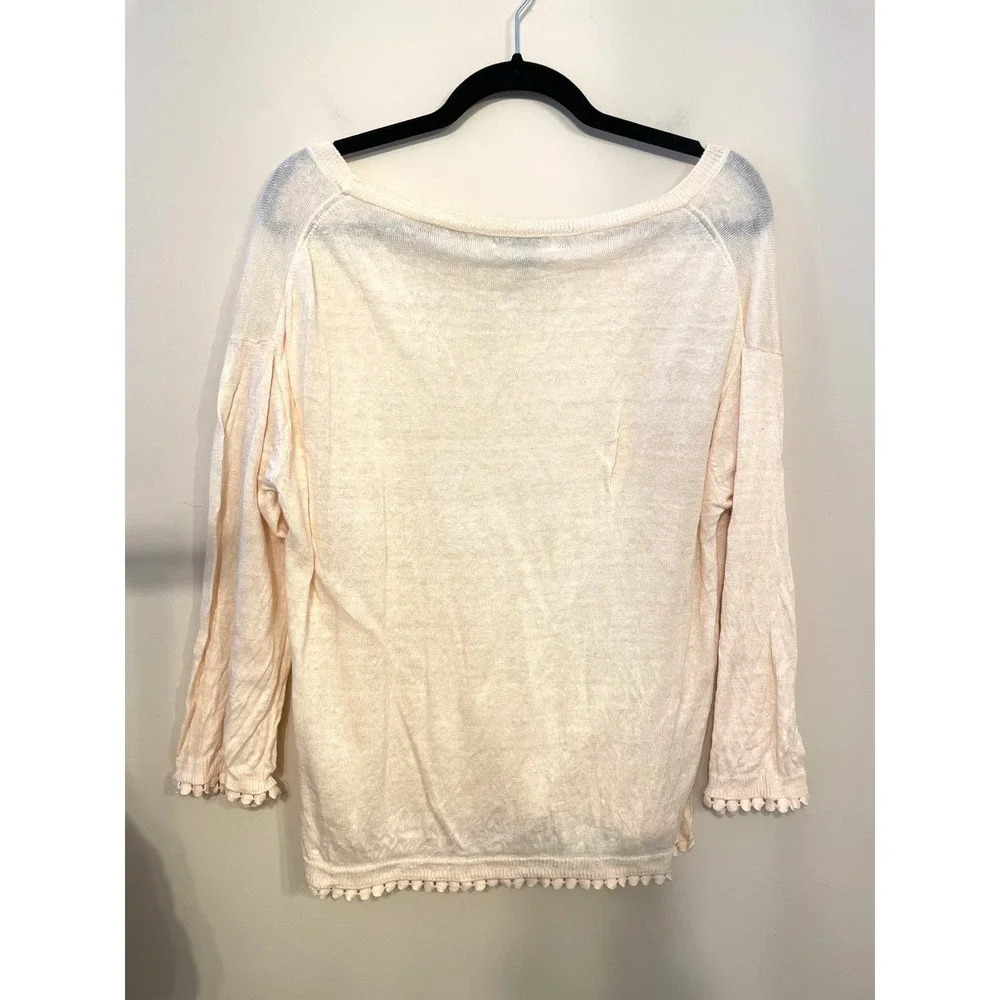 J. Crew | Women's Light Peach Pink 100% Linen Pom Pom Trim Sweater Medium - Picture 2 of 6